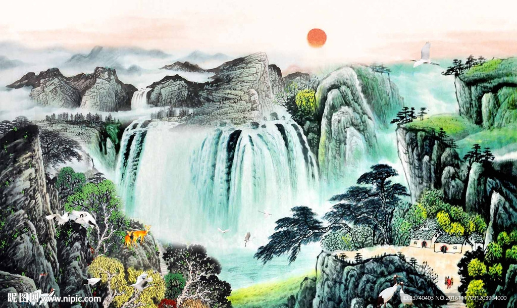 山水国画电视背景墙