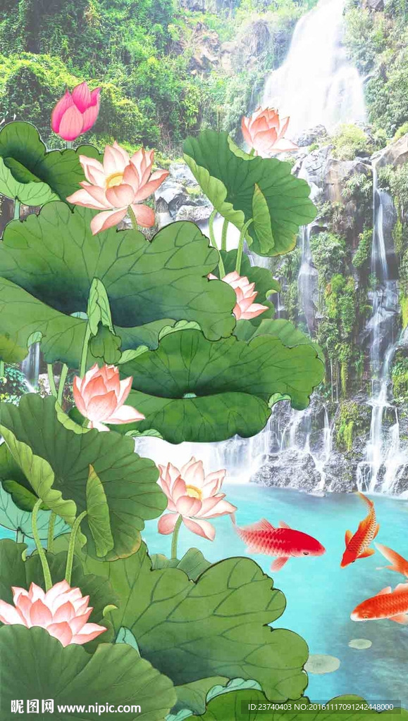 荷花山水玄关背景墙
