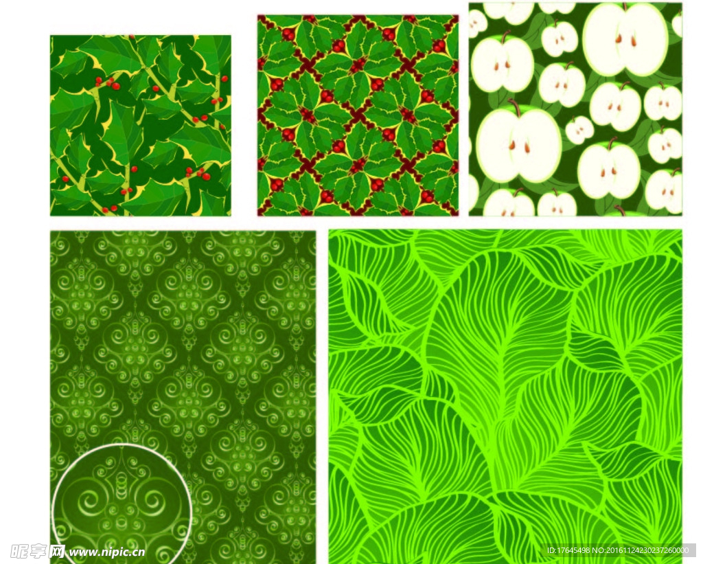 5款绿色风格平铺花纹EPS矢量