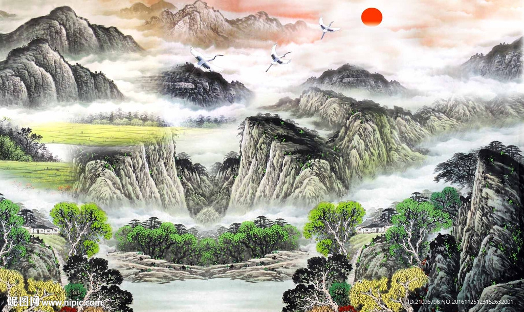 旭日东升国画电视背景墙