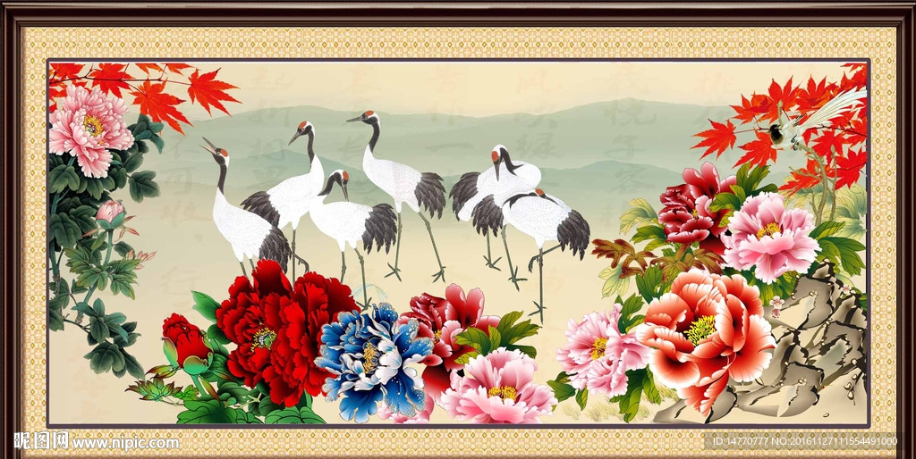 花开富贵仙鹤图