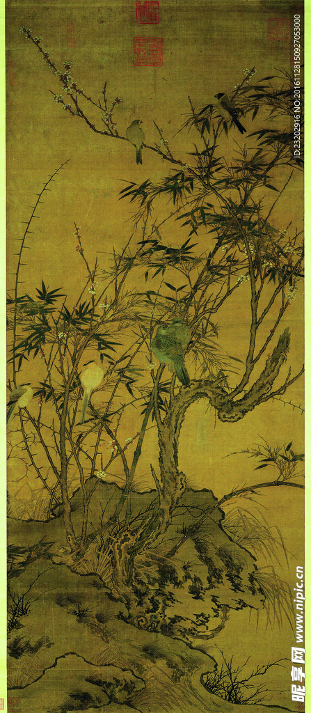 蓝鸽梅花图