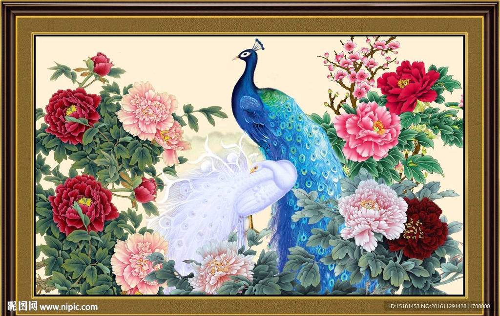 花开富贵孔雀图