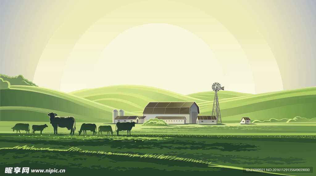 农场牧场卡通水彩画油画