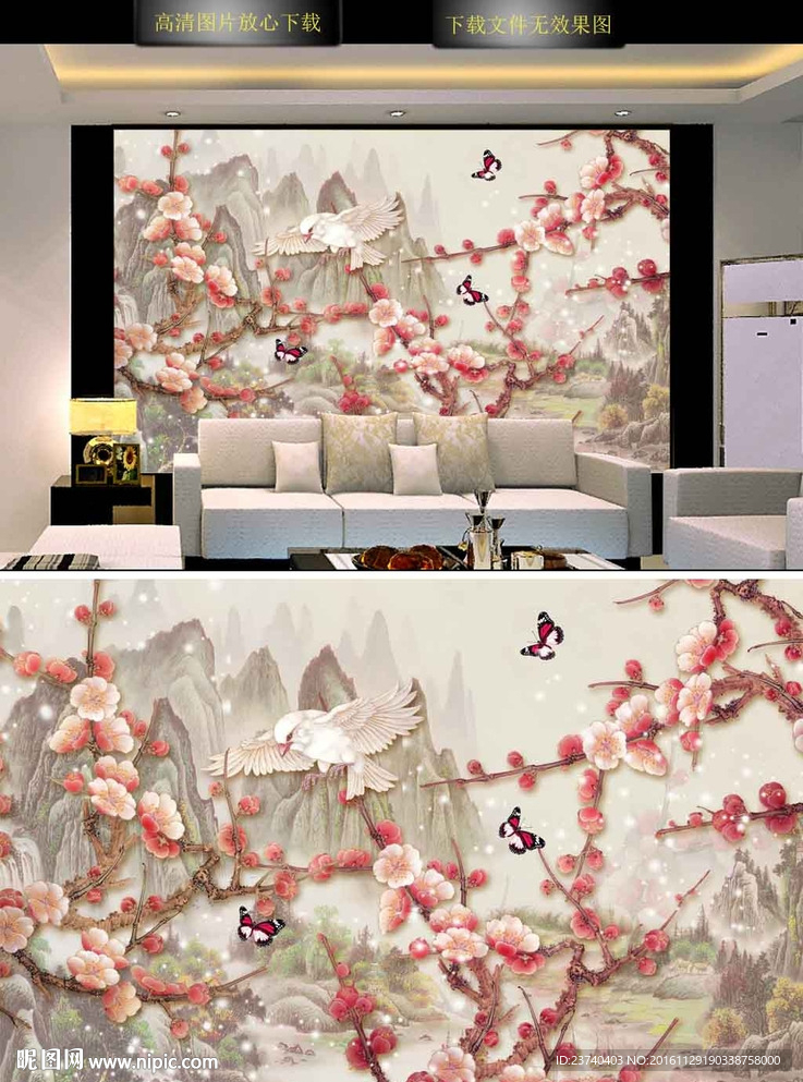 国画花鸟背景墙