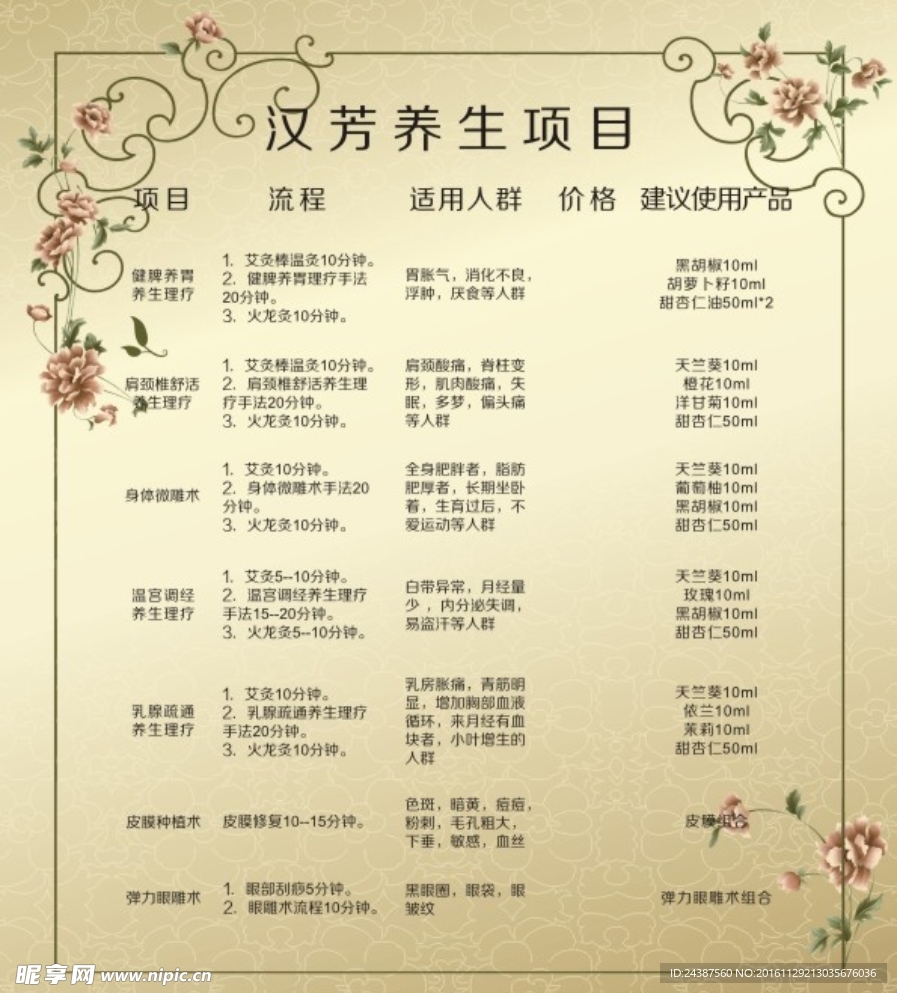 养生价目单
