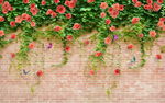 绿叶玫瑰花藤砖墙背景墙