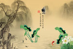 柳树荷花鲤鱼图