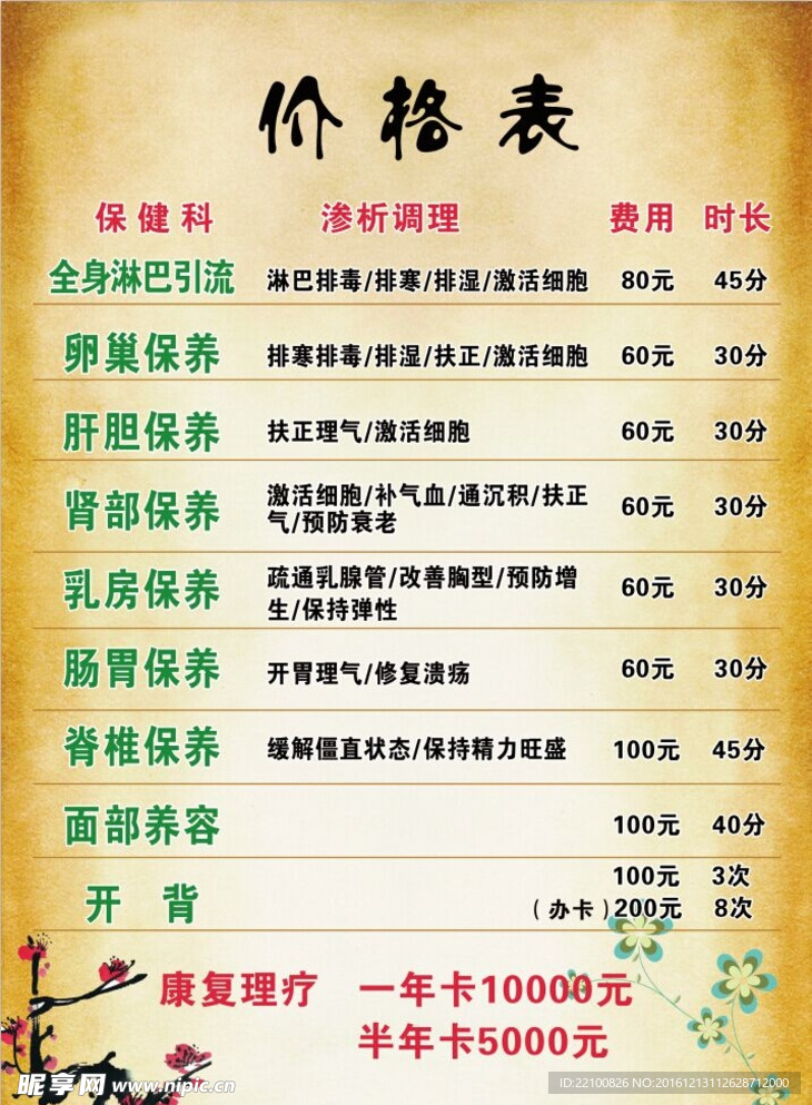 价格表