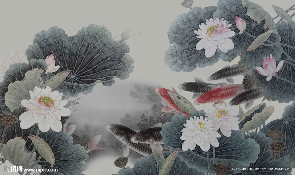 水墨国画荷花电视背景墙