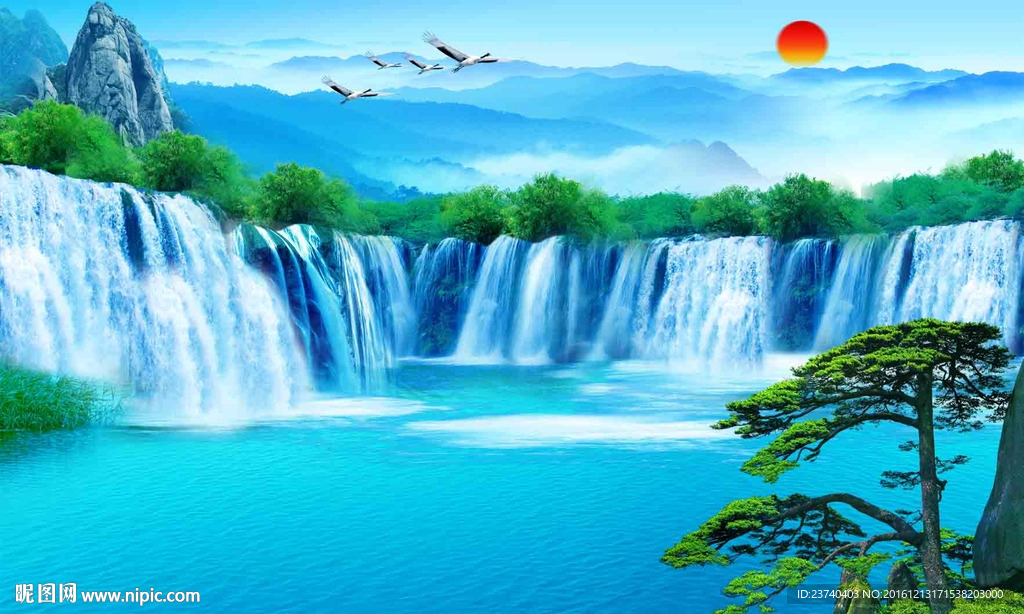 山水风景迎客松电视背景墙