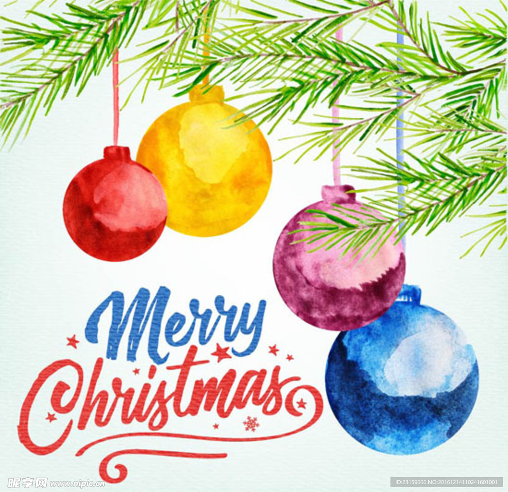 手绘水彩圣诞节松树枝彩球元素