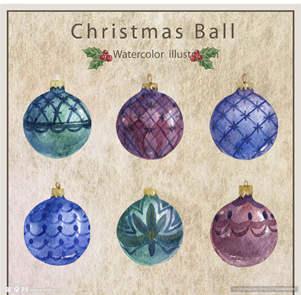 复古六款手绘水彩圣诞装饰球