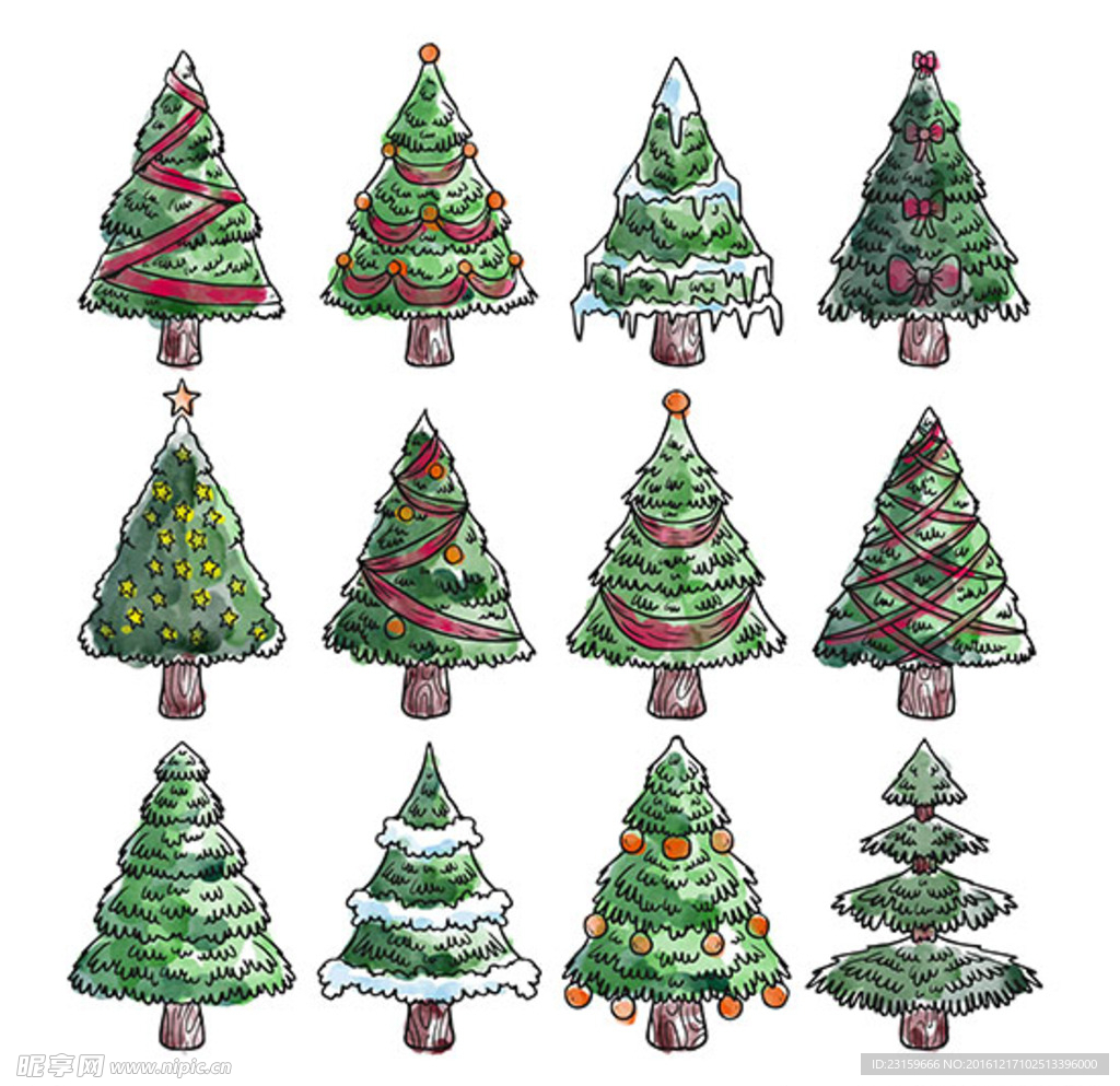 十二款手绘水彩圣诞树