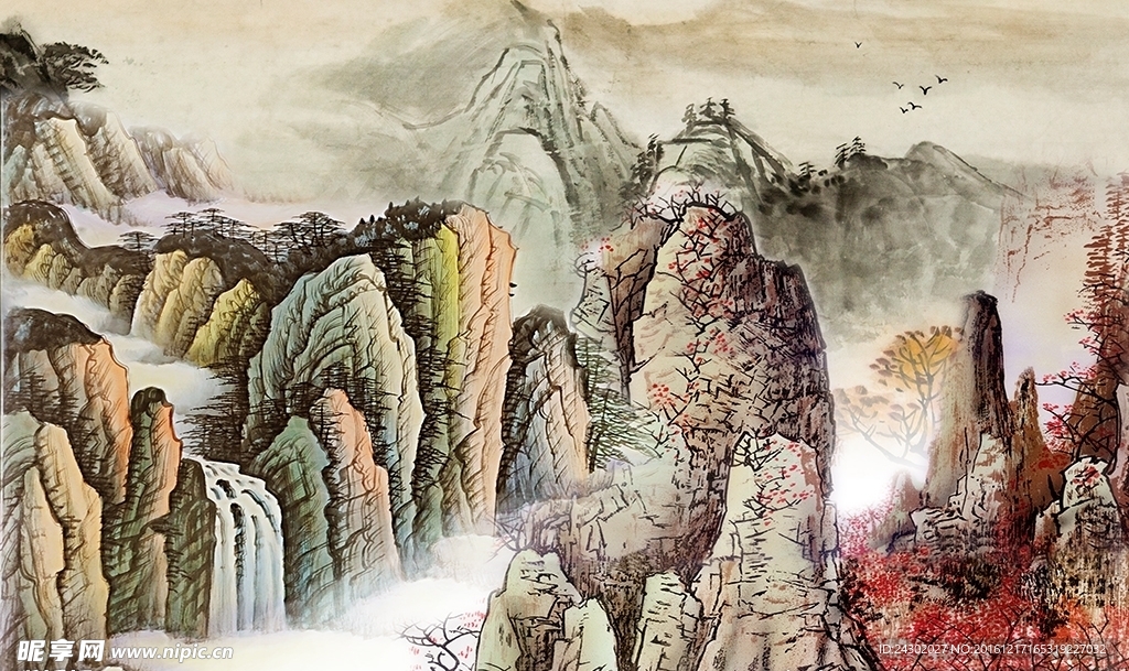 中式国画山水影视背景墙