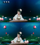 特效高雅荷花古典美女弹琴视频