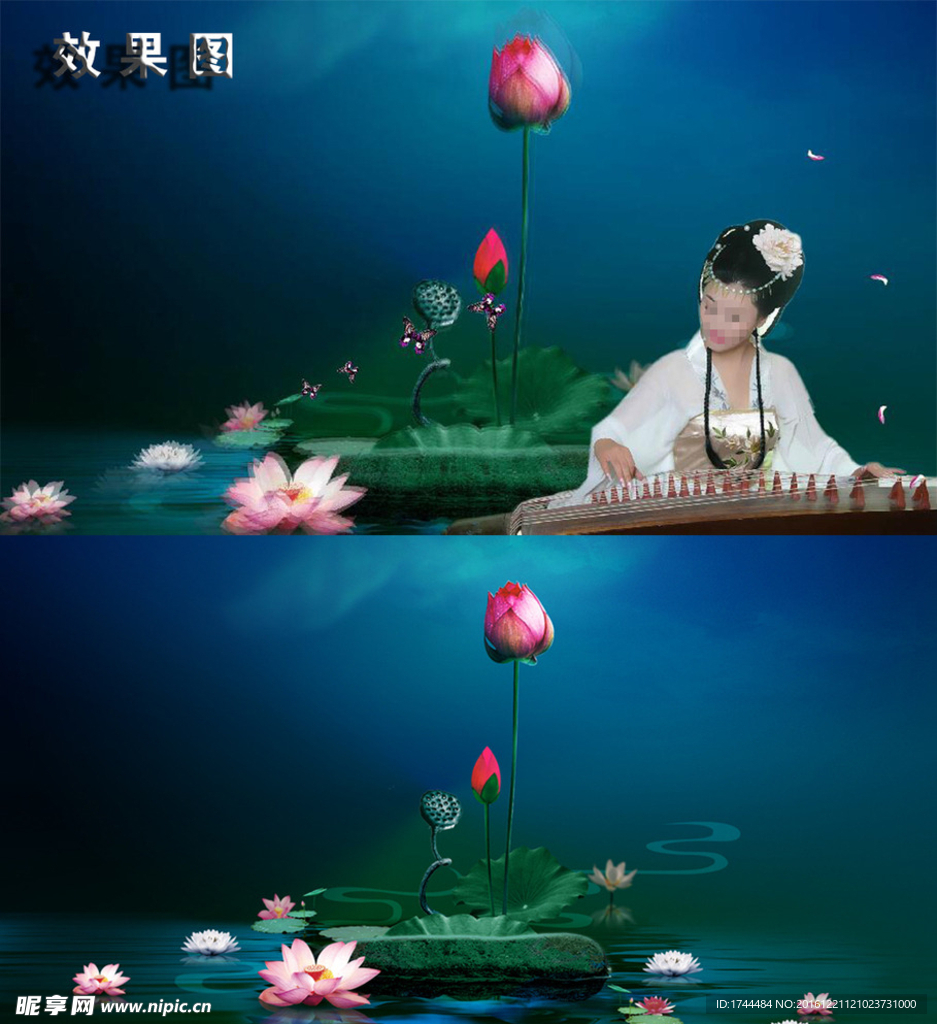 梦幻高雅荷花古典美女弹琴视频