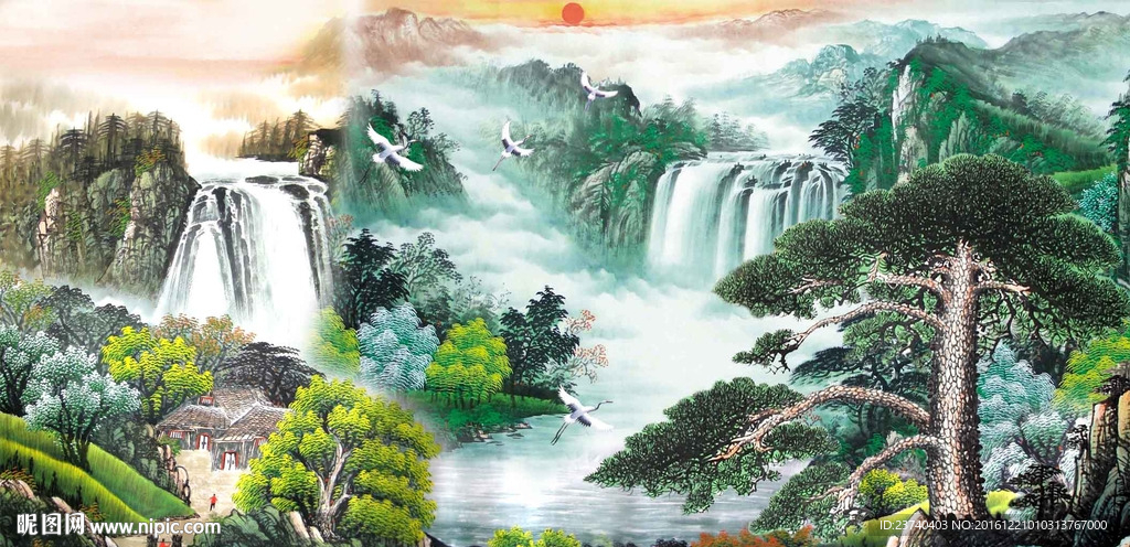 山水国画电视背景墙
