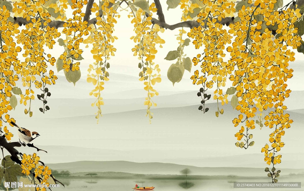 国画金色花朵背景墙