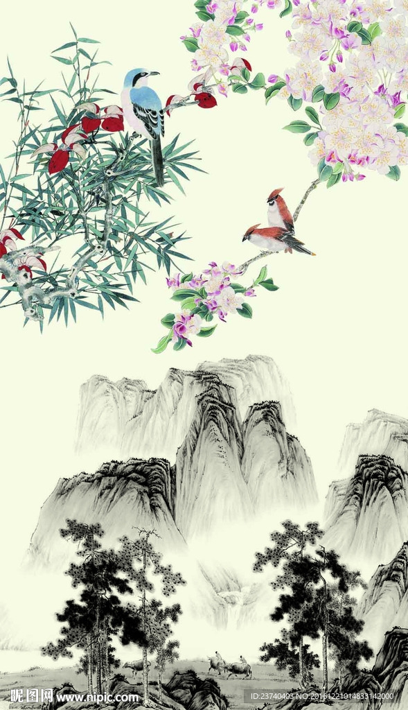 国画花鸟玄关背景墙