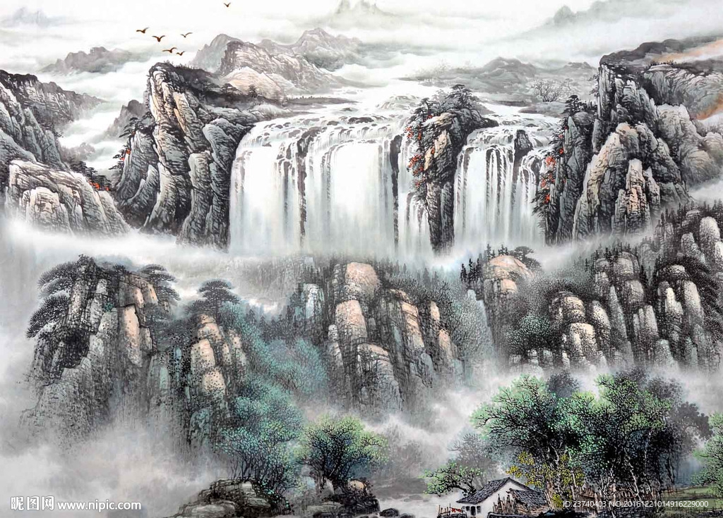 山水国画电视背景墙