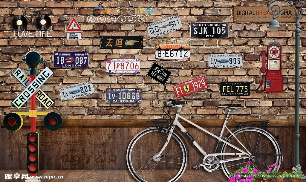 复古自行车车牌背景墙