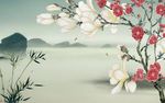 玉兰竹子手绘国画山水背景墙