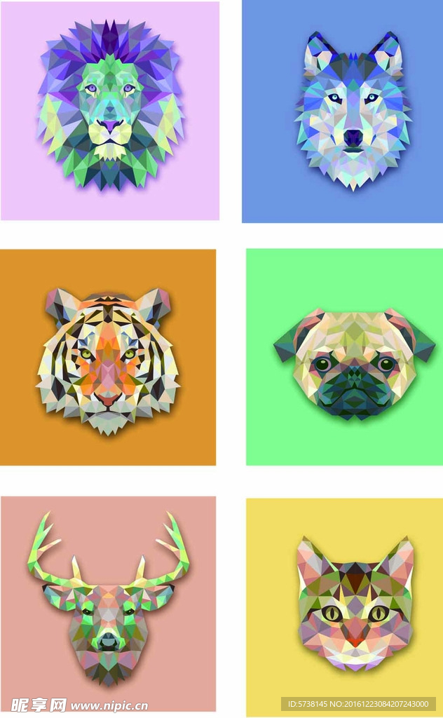 立体几何动物狮子狼虎狗猫鹿矢量