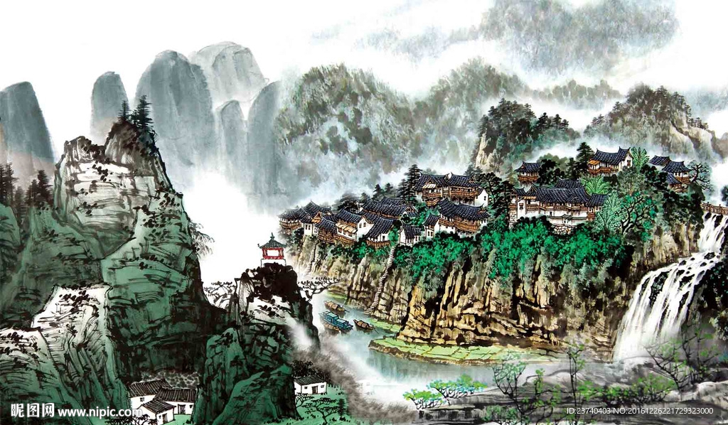 山水国画电视背景墙