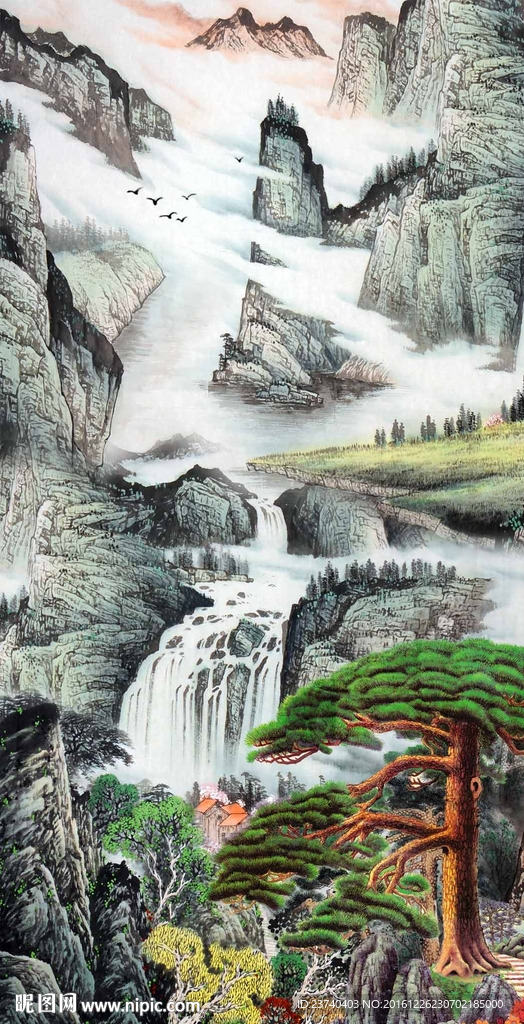 山水玄关背景墙国画