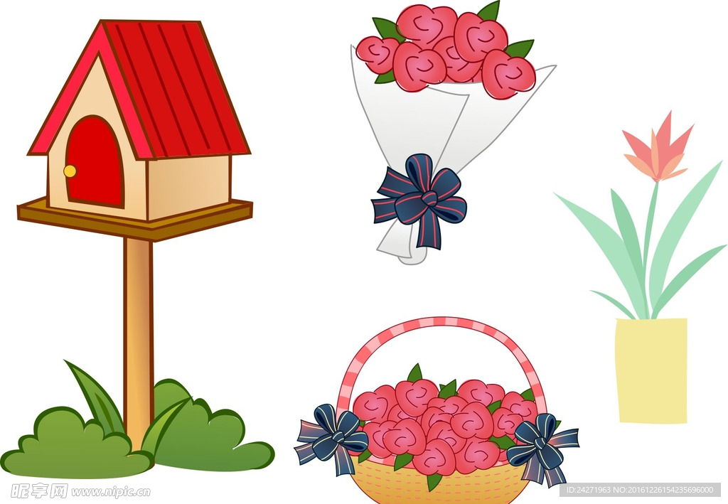 卡通房子 花篮 盆栽