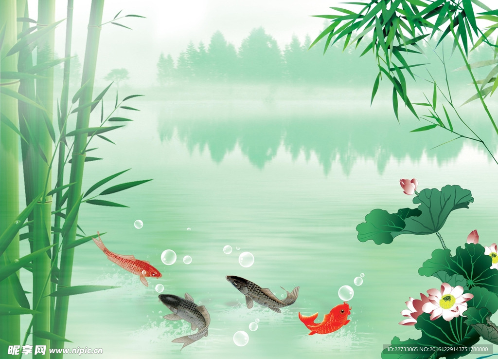 水墨荷花鲤鱼图图片