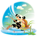 和熊猫一起钓鱼的卡通女孩