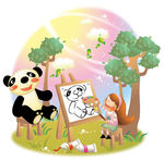 临摹熊猫的卡通女孩