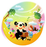 和熊猫一起读书的卡通女孩