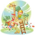 骑在长颈鹿身上的卡通儿童