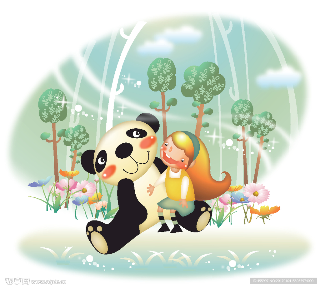 和熊猫坐在一起的卡通女孩