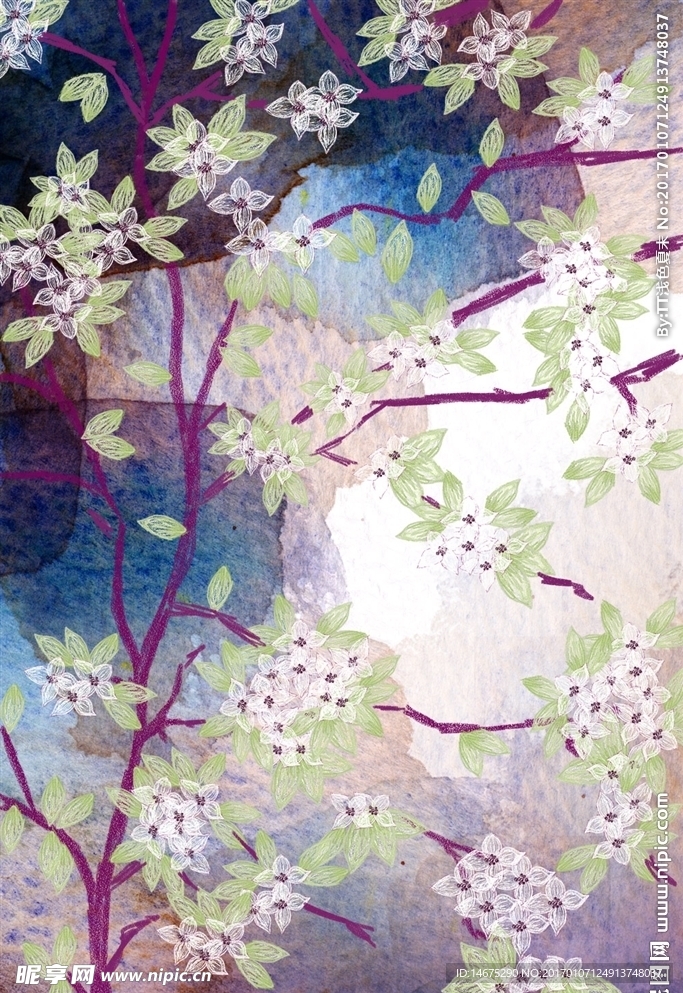 手绘水彩植物花枝
