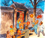 老北京过年绘画