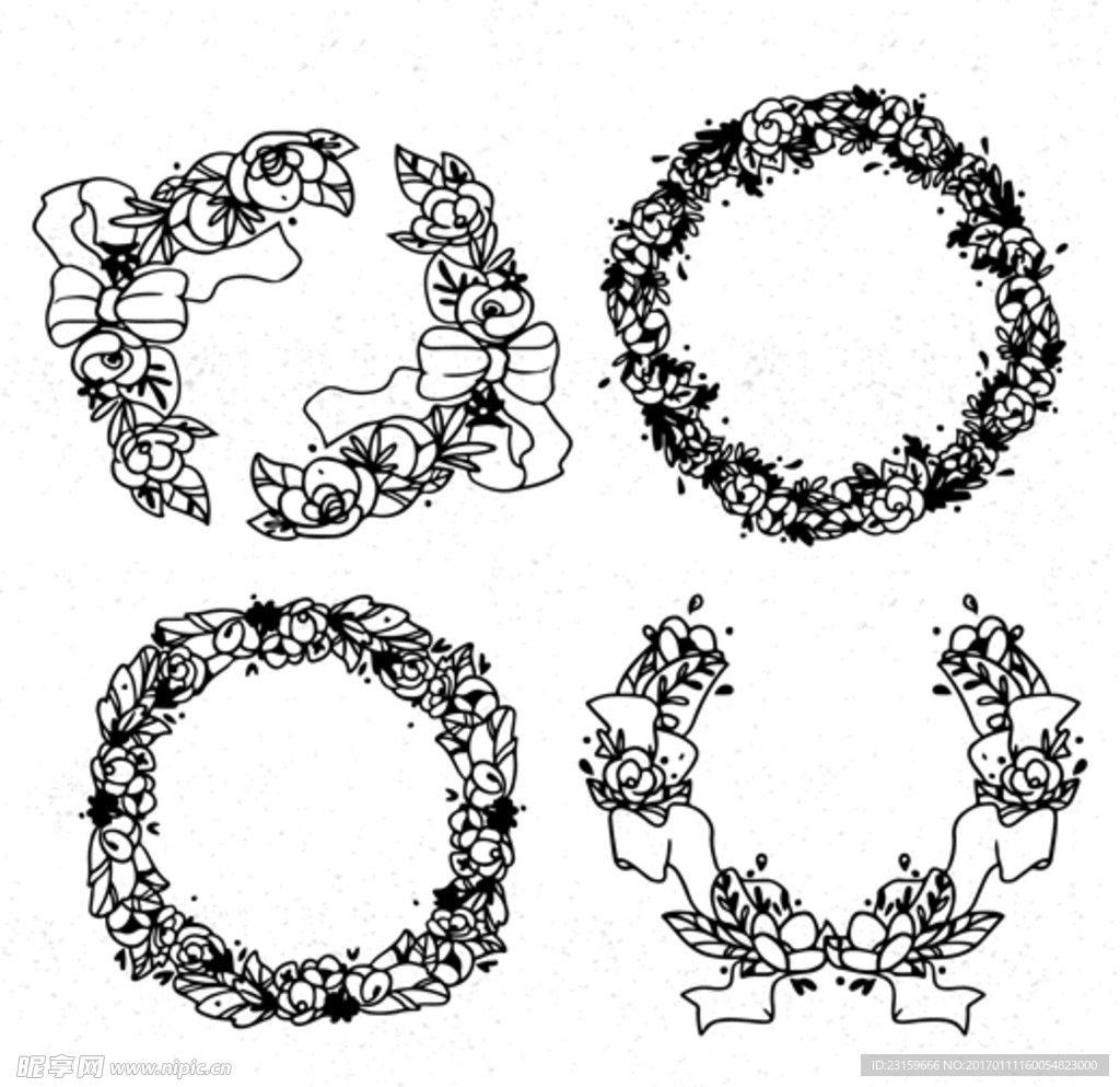 四款手绘线稿情人节花环