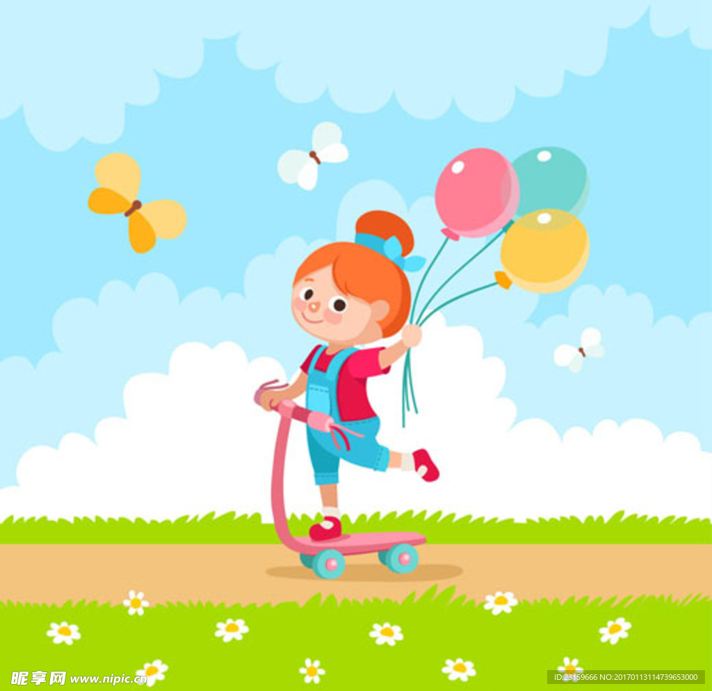 卡通拿着气球玩滑板车的女孩