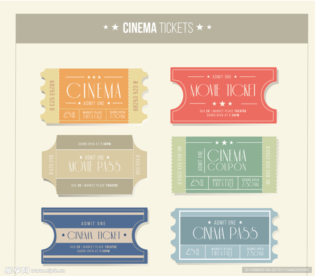 6款纸质电影票设计矢量素材