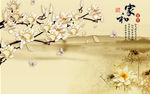 中式玉兰花水墨壁画