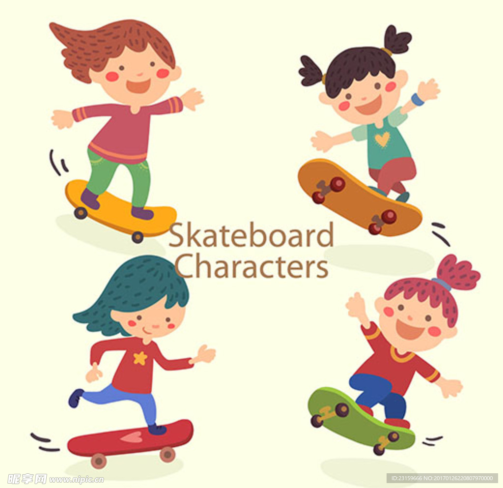 卡通儿童节快乐玩滑板的孩子