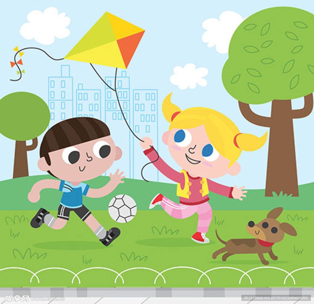 卡通儿童节快乐孩子们玩风筝