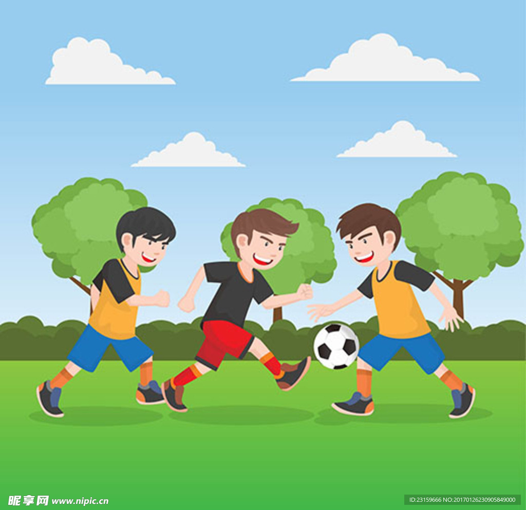 卡通儿童节快乐踢足球的孩子