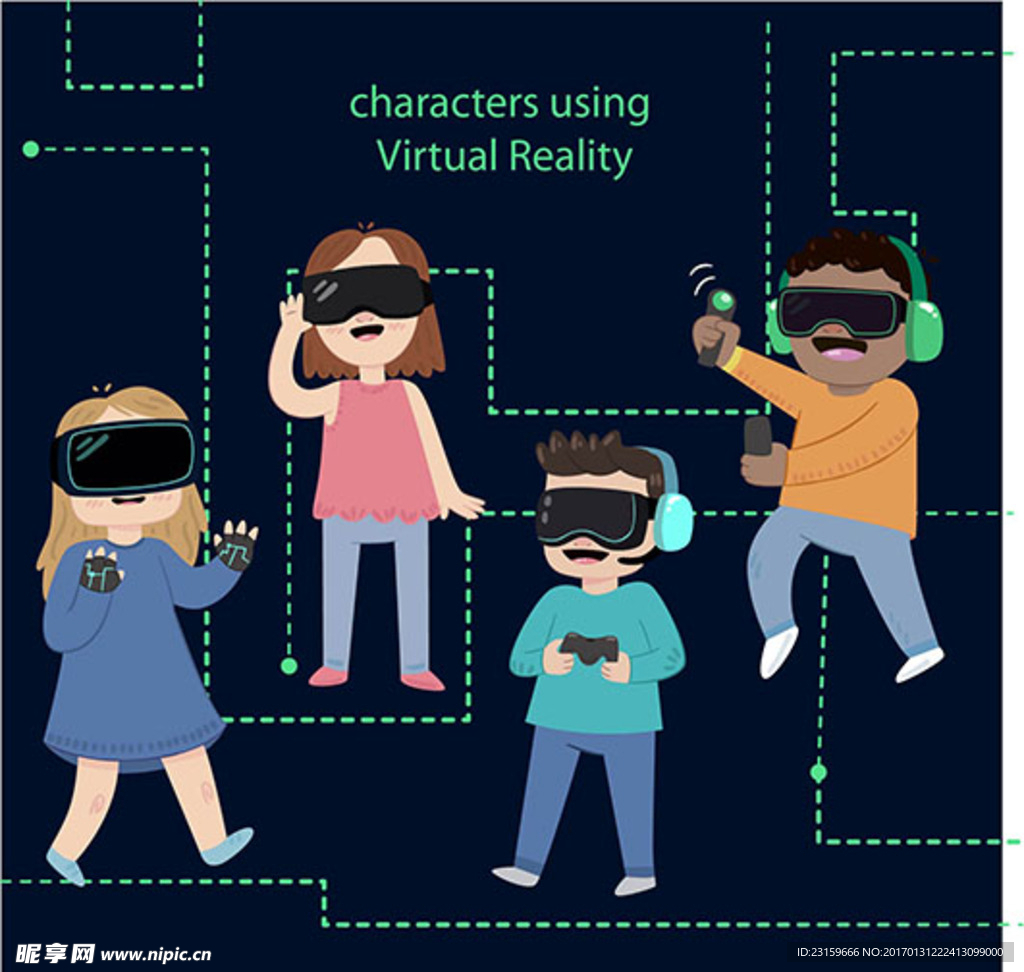 卡通戴VR虚拟眼镜玩游戏的孩子
