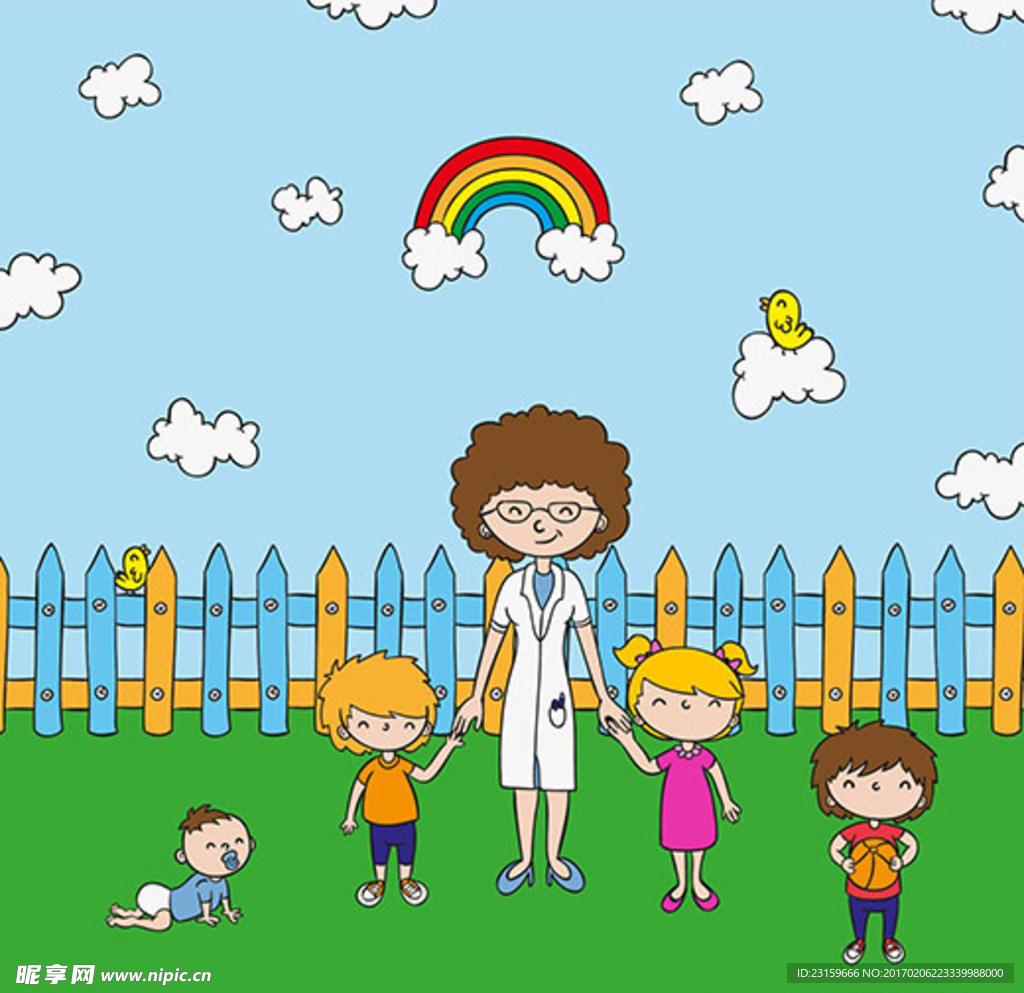 彩虹下幼儿园玩耍的孩子