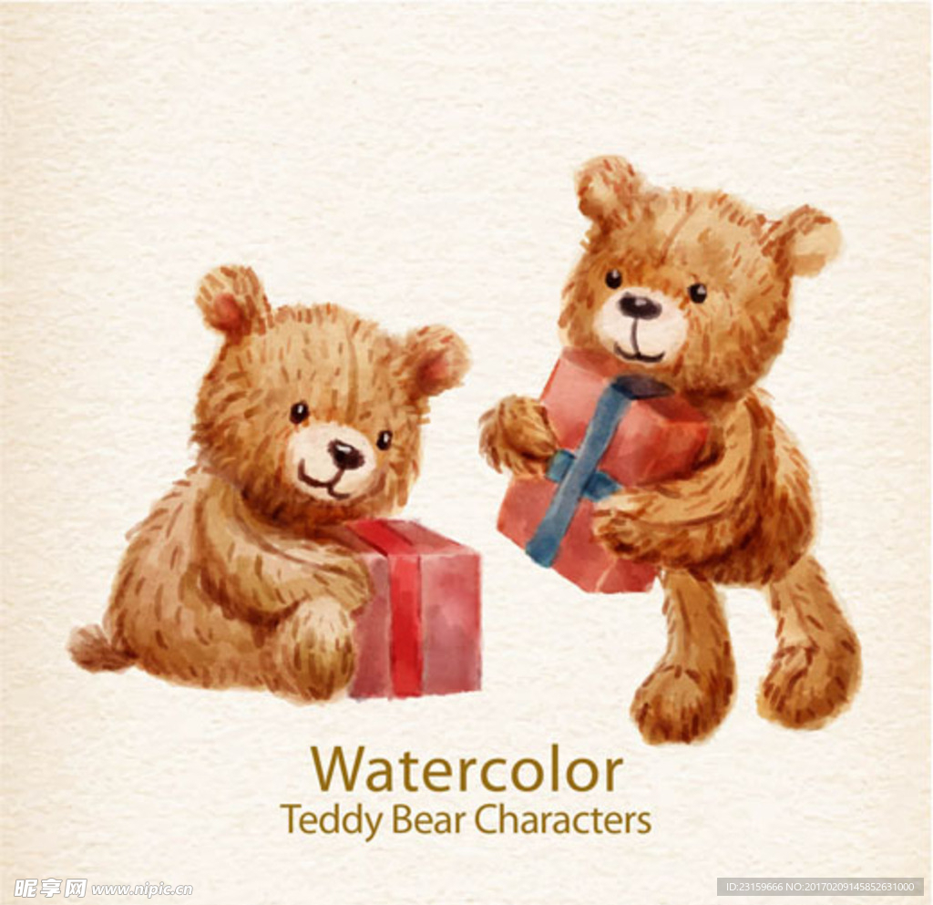 手绘水彩泰迪熊和礼物