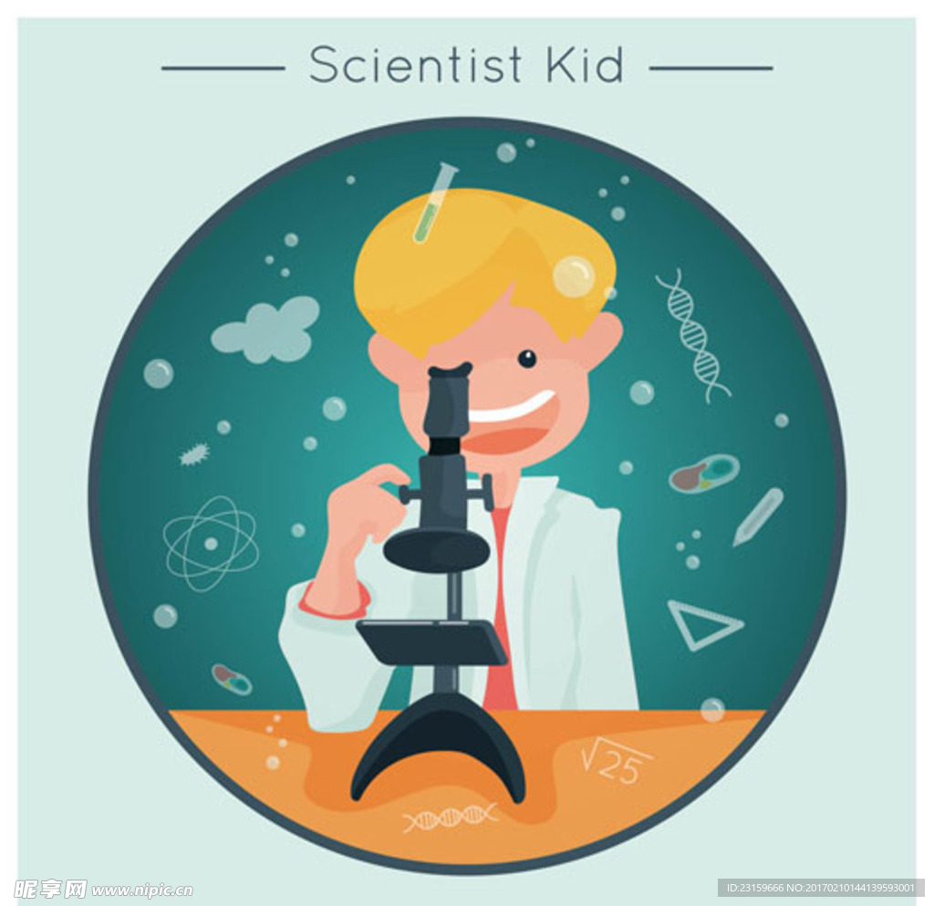 卡通儿童节用显微镜的孩子